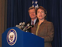 Lincoln holds a press conference in 2006 with Sen. Max Baucus (D-MT), chairman of the Senate Finance Committee regarding proposed changes to Medicare. LINCOLNPRESS.jpg
