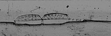 Side-scan sonar image of submerged bridge at the bottom of Lake Murray in South Carolina Lakemurray-wyse ferry Bridge sonar.jpg