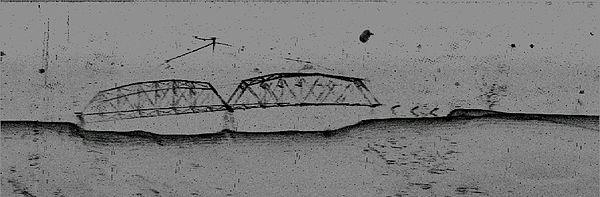 Submerged bridge under Lake Murray, South Carolina in 160 ft (49 m) of fresh water seen on side-scan sonar imagery using a Humminbird 981c Side Imagin