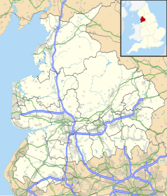 Mapa konturowa Lancashire, blisko centrum na lewo u góry znajduje się punkt z opisem „Lancaster University”