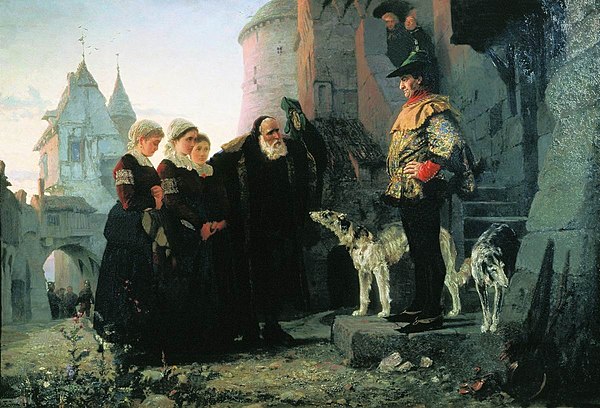 Vasily Polenov: Le droit du Seigneur (1874); artist's interpretation of an old man bringing his young daughters to their feudal lord