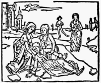 St. Lidwina of Schiedam's fall when she was ice skating, wood drawing from the 1498 edition of John Brugman's Vita of Lidwina. Lidwinas fall.png