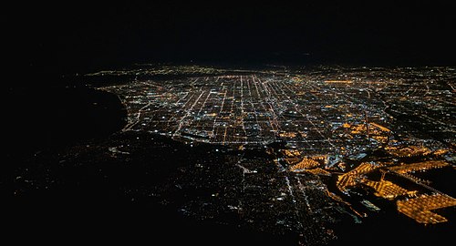An aerial photograph of Los Angeles County at night