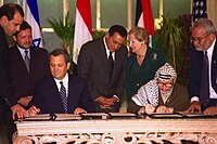 Madeleine Albright, Hosni Mubarak, Ehud Barak, Yasser Arafat, and Abdullah II of Jordan in Sharm-El-Sheikh, Egypt for the signing ceremony.jpg