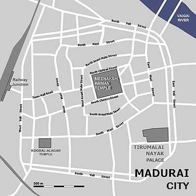 Map of Madurai showing centre of the city and some important landmarks