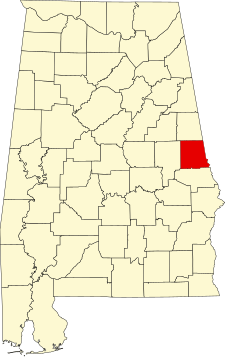 Location of Chambers County in Alabama Map of Alabama highlighting Chambers County.svg