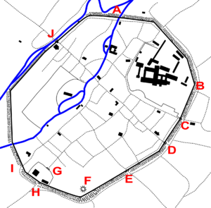 Canterbury's city defences, c. 1500; A - North Gate; B - Queningate; C - Burgate; D - Newingate/St George's Gate; E - Riding Gate; F - Dane John Mound; G - Canterbury Castle; H - Worthgate; I - Postern gate; J - West Gate Map of Canterbury c.1500.png