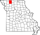 A state map highlighting Harrison County in the northwestern part of the state.