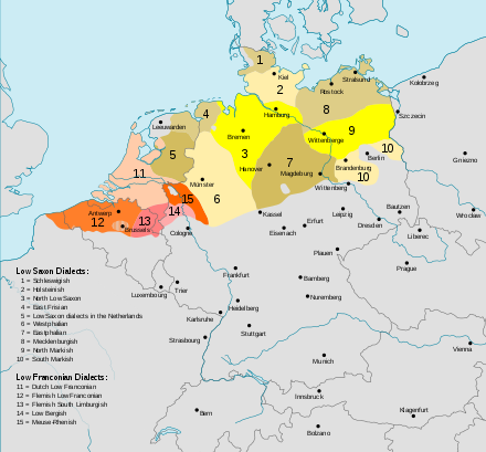Spread of the contemporary Dutch and Low German dialects. Meuse-Rhenish are the areas (13), (14) and (15), as well as adjacent most southeastern parts of (11)