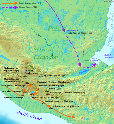 Pedro de Alvarado ingresó a Guatemala desde el oeste a lo largo de la llanura del Pacífico en 1524, para luego virar hacia el norte, librando una serie de batallas para penetrar las tierras altas. A continuación, ejecuta un amplio circulo al norte del lago Atitlán, librando más batallas en el camino, antes de descender hacia el sur, una vez más en las tierras bajas del Pacífico. Se libraron otros dos batallas más cuando sus tropas se dirigieron hacia el este en lo que hoy es El Salvador. En 1525 Hernán Cortés entró Guatemala desde el norte, cruzó el lago Petén Itzá y continuó en dirección sureste hasta el lago de Izabal antes de girar hacia el este hasta el Golfo de Honduras.