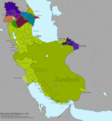 The Zand Empire at its greatest extent, under Karim Khan (1751-1779) Mapofthezands1776.png