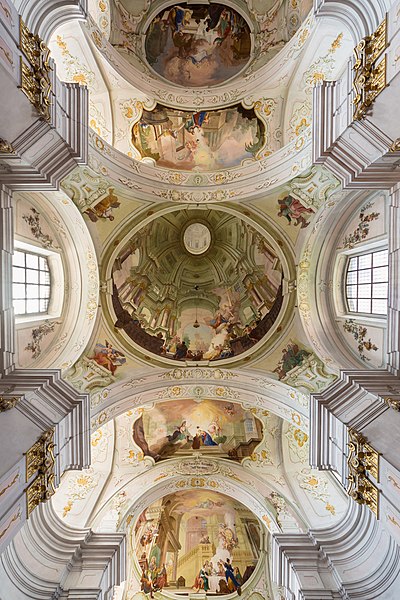 图为下奥地利州玛利亚兰格格朝圣教堂的天顶湿壁画，由约瑟夫·亚当·梅尔克于1773年绘画。