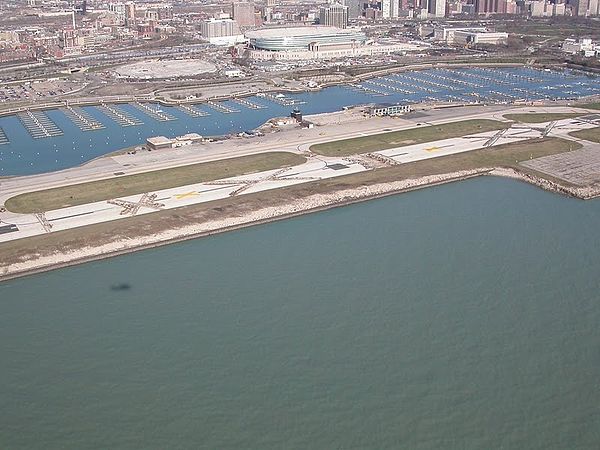 Meigs Field Runway a few days after destruction ordered by Mayor Daley, April 2003