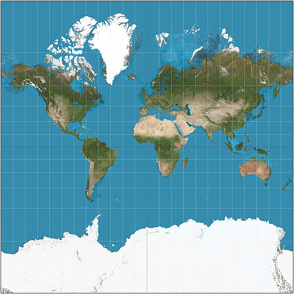 Mercator projection of the world.