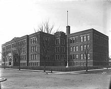 The third building (1914-1973) which was built over the previous structure. Minneapolis North High School 1915.jpg