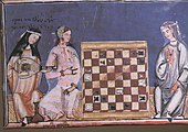 León and Galicia, c. 1283. European image of Muslim Spain, showing a European woman, playing lute or oud for Moorish women.