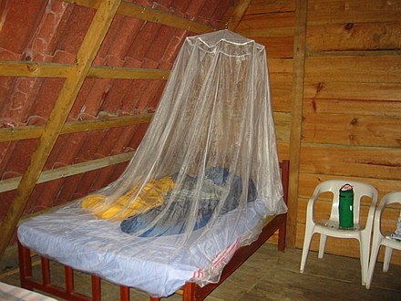 Low-cost, ceiling-hung mosquito netting for a bed