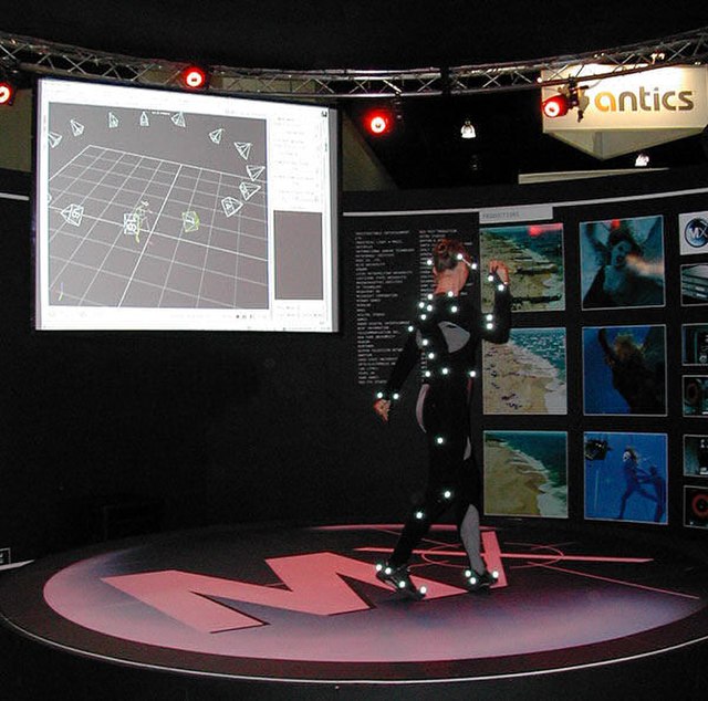 A dancer wearing a suit used in an optical motion capture system