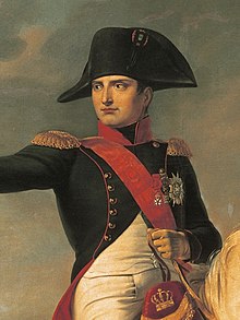 Napoleon Bonaparte in his familiar bicorne hat Napoleon Wagram Chabord 1810 (Detail).jpg