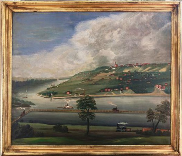 1859 painting by Johann Schroder of Nauvoo from a vantage point of eastern bluffs on the opposite side of the Mississippi River