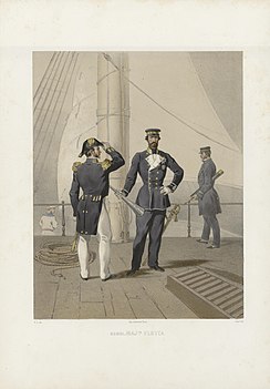 Från vänster: Sjöofficer i paraduniform, amiral i daglig dräkt; ca 1860.