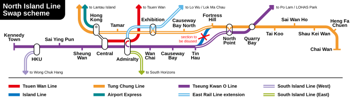 Original North Island line route scheme, namely the swap scheme,
including the proposed Sha Tin to Central Link, West Island line and South Island line North Island Line proposal swap.svg