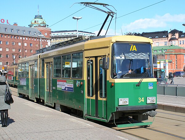 A classic Valmet Nr I class tram at Hakaniemi in Helsinki, Finland