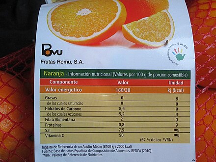 A rare example of optional nutrition facts on a label for oranges (in the EU not mandatory for unprocessed fruits)