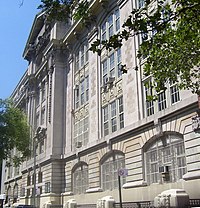 A close-up color view of the facade of the Old Stuyvesant Campus in 2010. There have been few modifications to the facade compared to the 1909 postcard view.