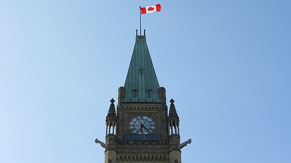 The Canadian flag flying at Peace Tower. An official ceremony inaugurating the flag was held on Parliament Hill in 1965.