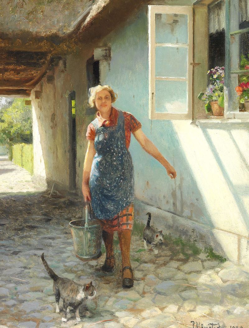 Педер Мёнстед - Pige og katte på gårdspladsen, Strøby - 1939.png