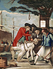 Image 1This 1774 mezzotint depicts Patriots tarring and feathering Loyalist John Malcolm (from American Revolution)