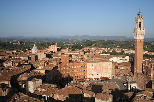 View of Piazza del Campo (Campo Square), the Mangia Tower (Torre del Mangia) and Santa Maria in Provenzano Church