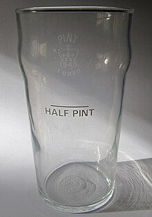 A British pint glass with a line indicating a half pint measure Pint-Glas UK.jpg