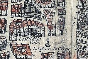 Plan de Paris vers 1530 Braun Paris place de Greves Hotel de ville.jpg