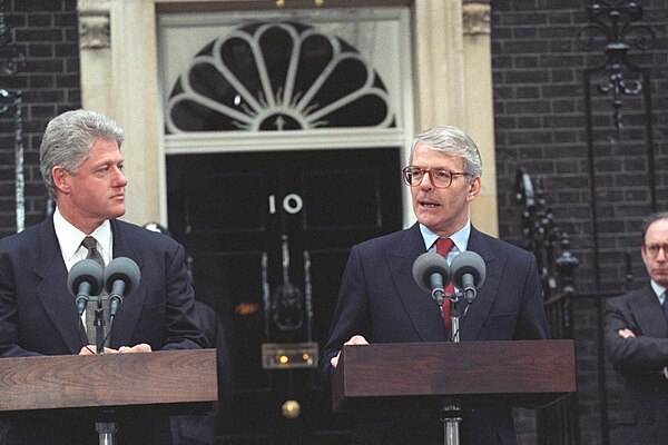 Prime Minister John Major and President Bill Clinton deliver press statements outside Downing Street in 1995