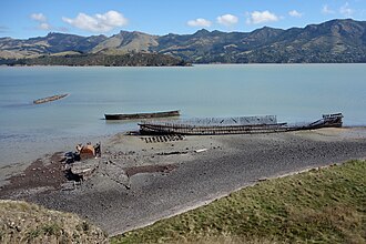 The wreck of Darra on Quail Island, lying prominently side-on. Quail Island 066.jpg