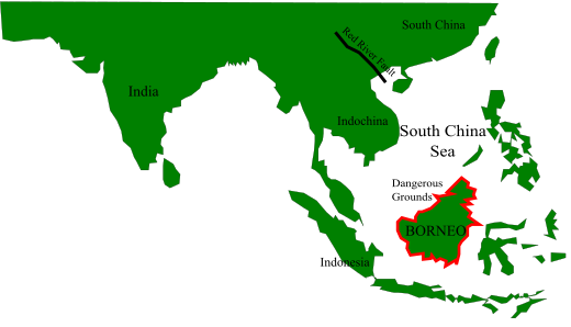 Location of Borneo in Maritime Southeast Asia. The Red River Fault is included.