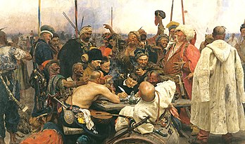 Les cosaques Zaporogues écrivant une lettre au sultan de Turquie, par le peintre russe Ilya Repine. (définition réelle 2 202 × 1 300*)