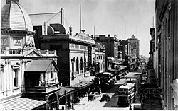 Rundle Street looking west, 1938; Adelaide Arcade and Regent Theatre on left Rundle Street, Adelaide, South Australia 1938.jpg