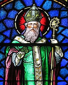 Stained glass window of St. Patrick, early Christian missionary to Ireland as portrayed at St. Patrick Catholic Church, Junction City, Ohio. Saint Patrick .jpg