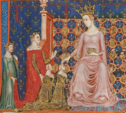 Miniature depicting Queen Sancia of Mallorca caressing her stepgranddaughters Joanna and Maria, presented to her by their mother Marie of Valois.