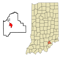 Scott County Indiana Sisällytetyt ja rekisteröimättömät alueet Scottsburg Highlighted.svg
