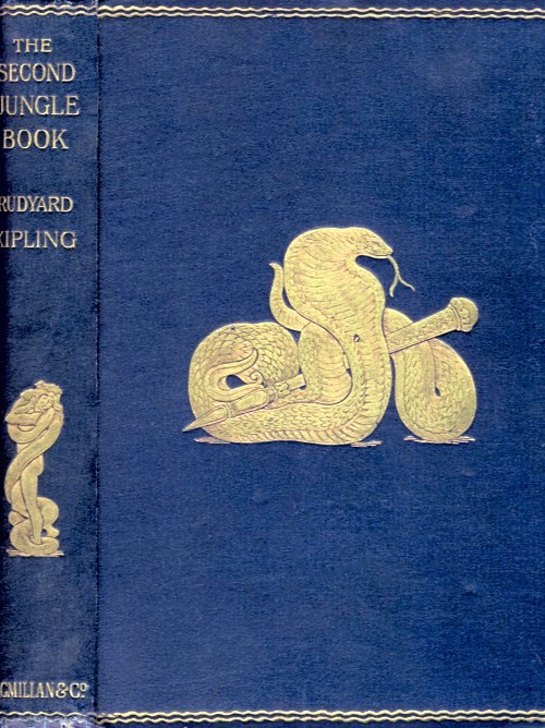 Gilt-stamped cover from the original edition of The Second Jungle Book, based on interior illustrations by John Lockwood Kipling. The front cover depi
