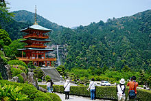 Värivalokuva pagodista, jota ympäröi vehreys.