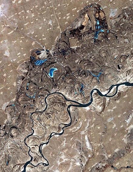 The swirls and curves of the previous courses of the  Songhua River in northeast China can easily be seen in this satellite photo