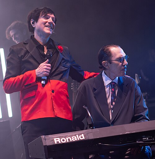 Sparks during a performance at the Royal Albert Hall in 2023. Russell Mael (left) and Ron Mael.