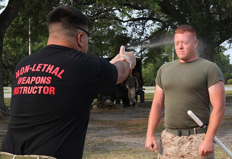 File:Sprayed in the face with Oleoresin Capsicum before undergoing the OC spray certification course being held aboard the Marine Corps Base Camp.jpg