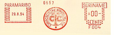 Один из последних франкотипов колонии Суринам с календарным штемпелем Парамарибо от 29 августа 1954 года
