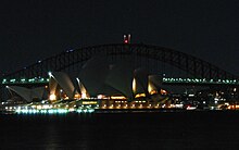 Sydney Harbour Bridge and Sydney Opera House were darkened during Earth Hour 2007. Sydney Harbour Bridge and Opera House Earth Hour.jpg